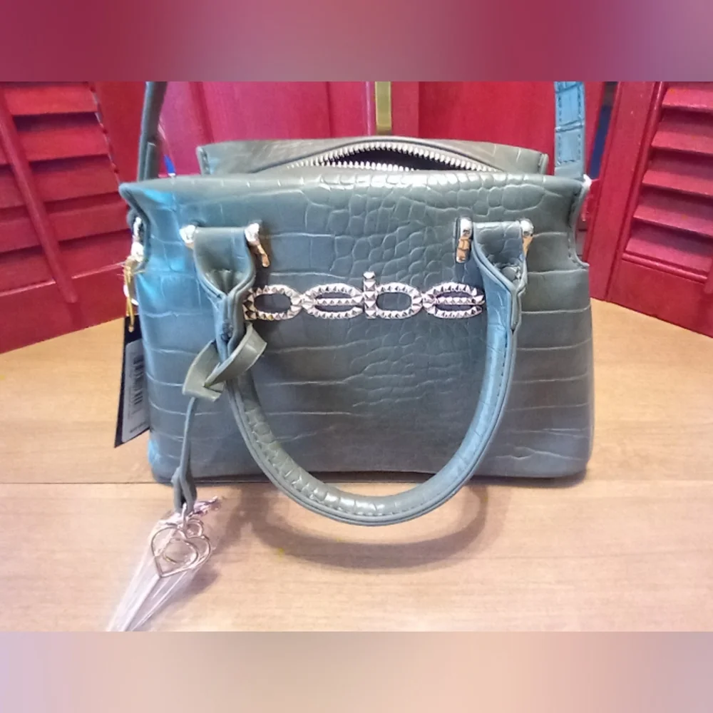 bebe Teal Croc-Embossed Satchel with Gold Chain Detail